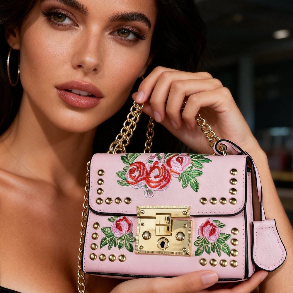 Rosa Pink Faux Leather Studded Bag Flower Embroidered Crossbody Purse